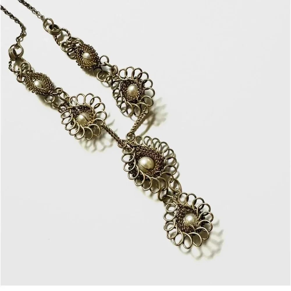 Vintage Filigree Silver Tone  faux pearl Necklace - Picture 9 of 9